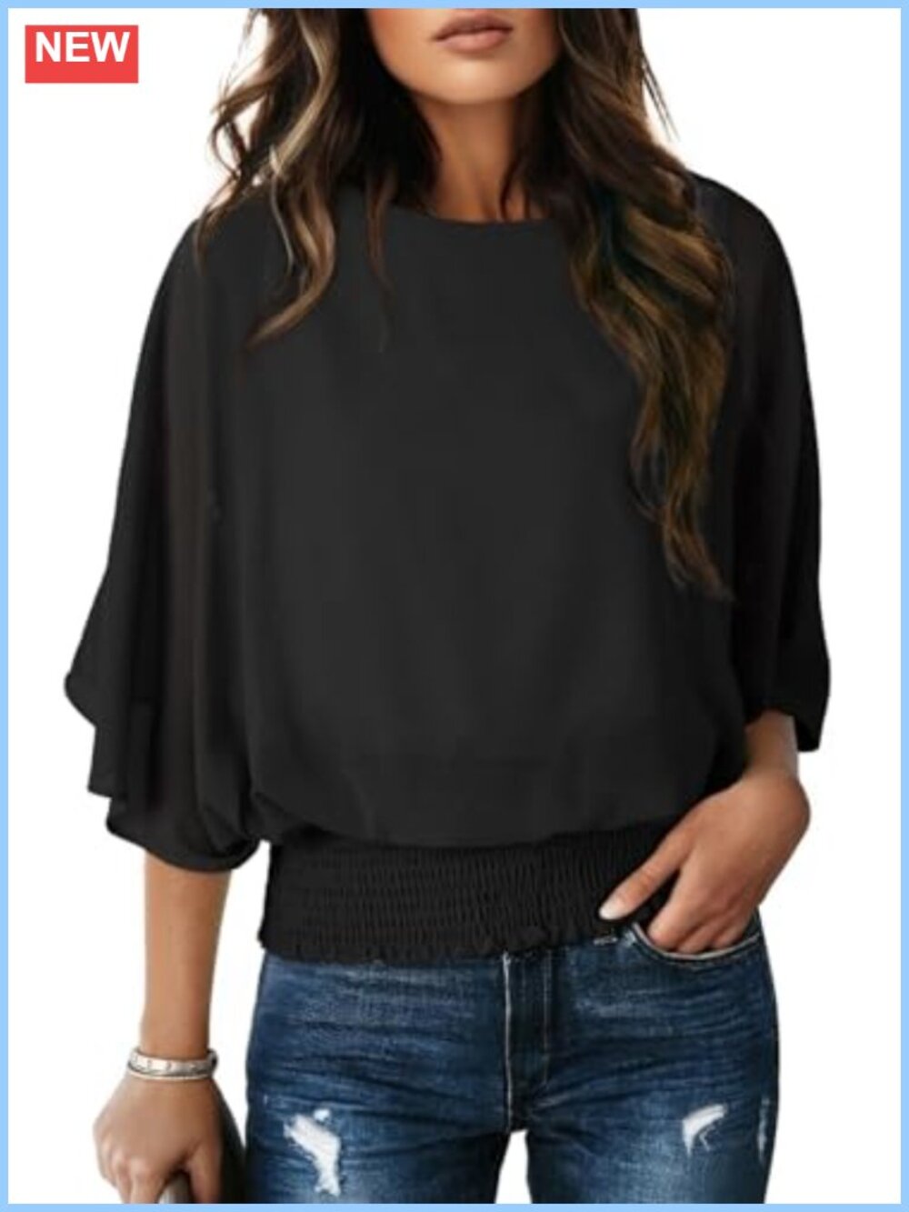 Womens Chiffon Blouse Boat Neck Dolman Sleeve Peasant Top